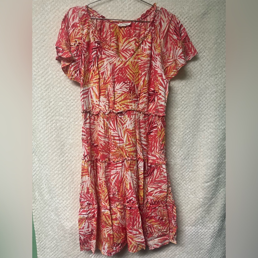 Beachlunchlounge Flutter Sleeve Leaf Print Pink Dress 100% Viscose Small - Picture 1 of 5